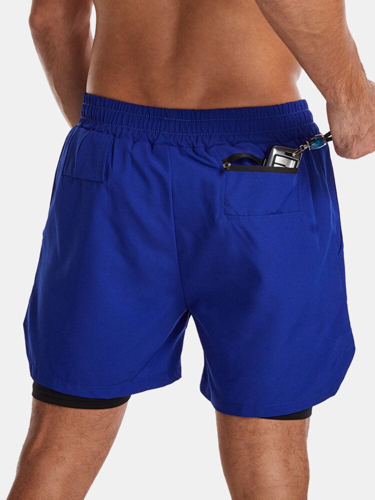 Mens Solid Color Quick Dry Sports Running Casual Stretch Double Layer Board Shorts