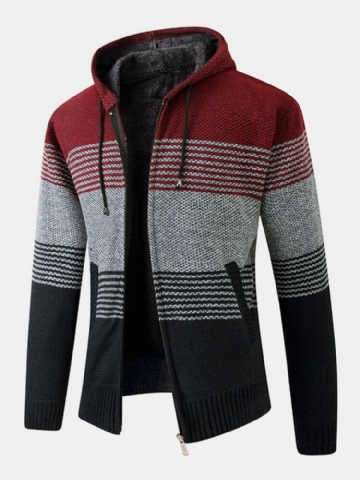 Mens Stripe Colorblock Tricoté Polaire Doublé Chaud Cardigans À Capuche Avec Poche