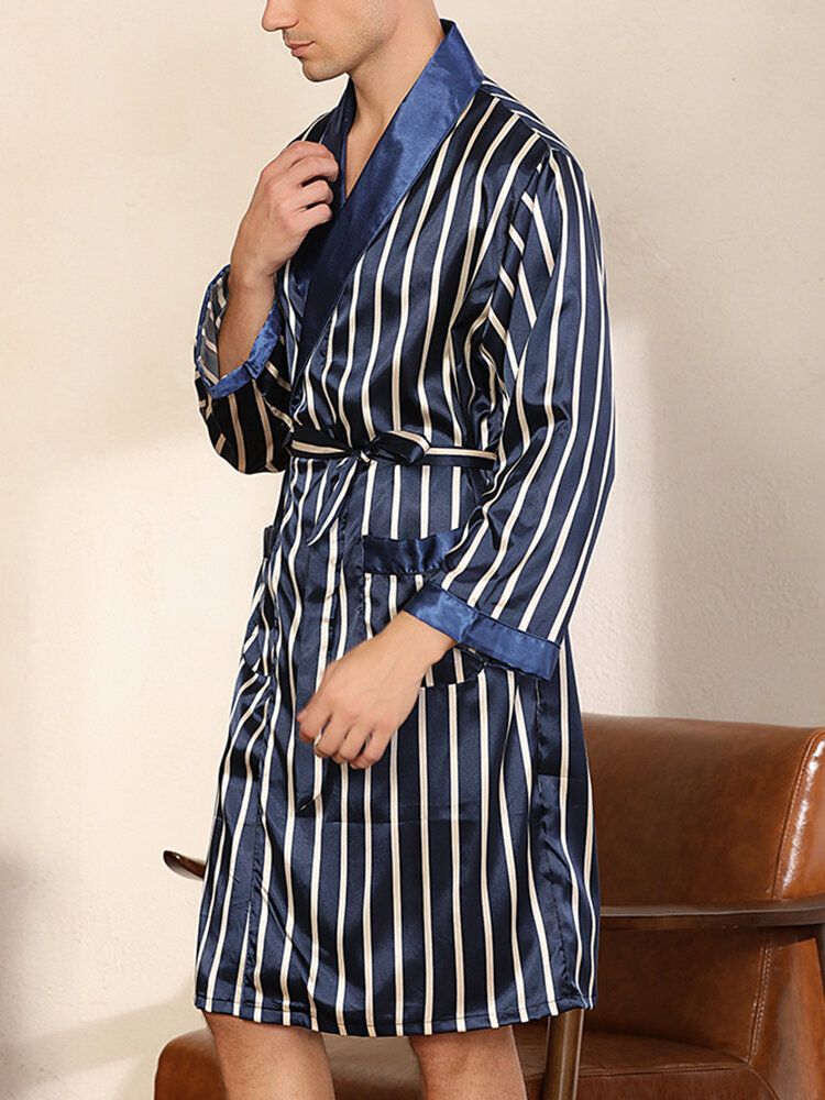 Mens Striped Revers Double Pocket Robe Shorts Two Piece Home Cosy Robe Pyjama Set With Sashs