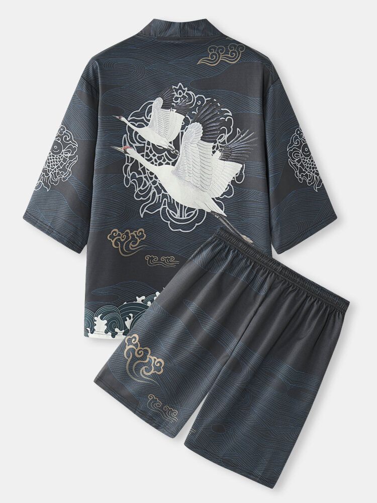 Mens Style Japonais Crane Back Pattern Open Front Kimono Deux Pièces Tenues