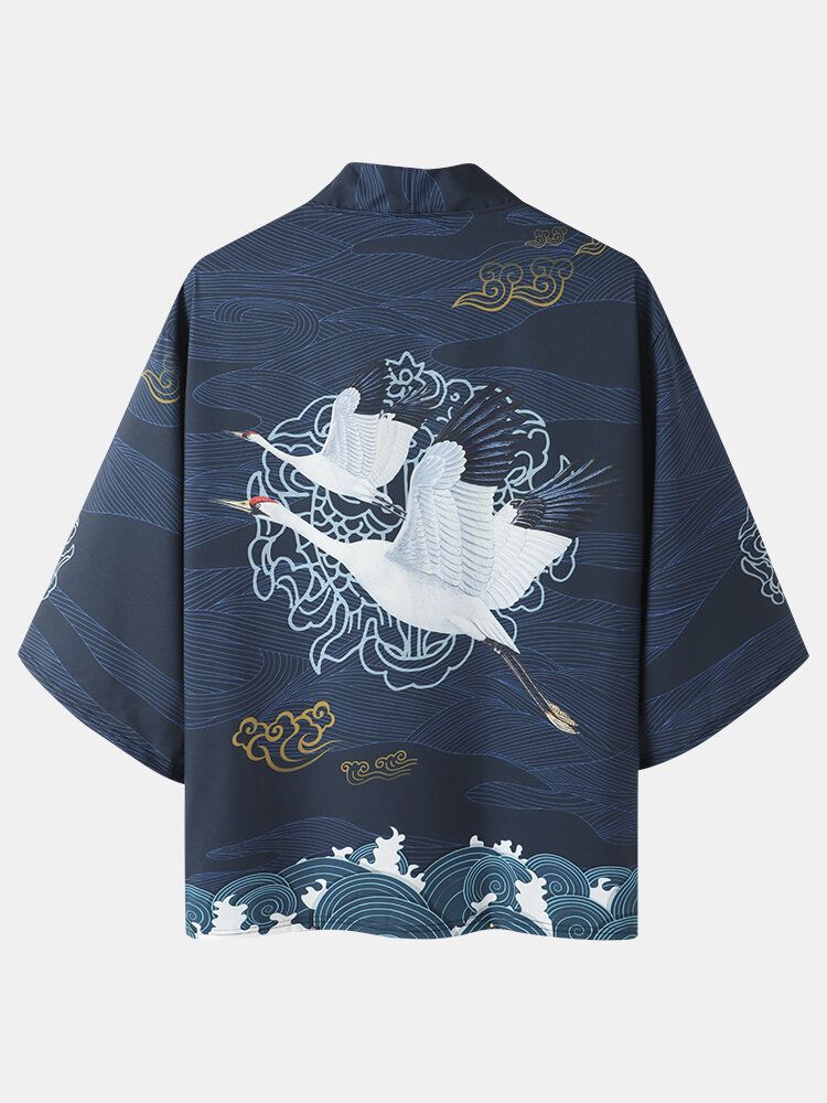 Mens Style Japonais Crane Back Pattern Open Front Kimono Deux Pièces Tenues