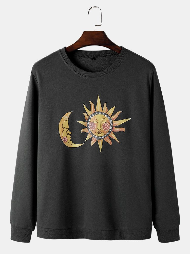 Mens Sun Moon Celestial Graphic Round Neck Pullover Cotton Sweatshirts