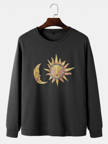 Mens Sun Moon Celestial Graphic Round Neck Pullover Cotton Sweatshirts