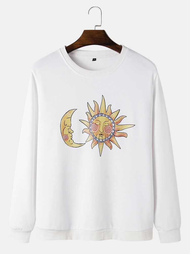 Mens Sun Moon Celestial Graphic Round Neck Pullover Cotton Sweatshirts