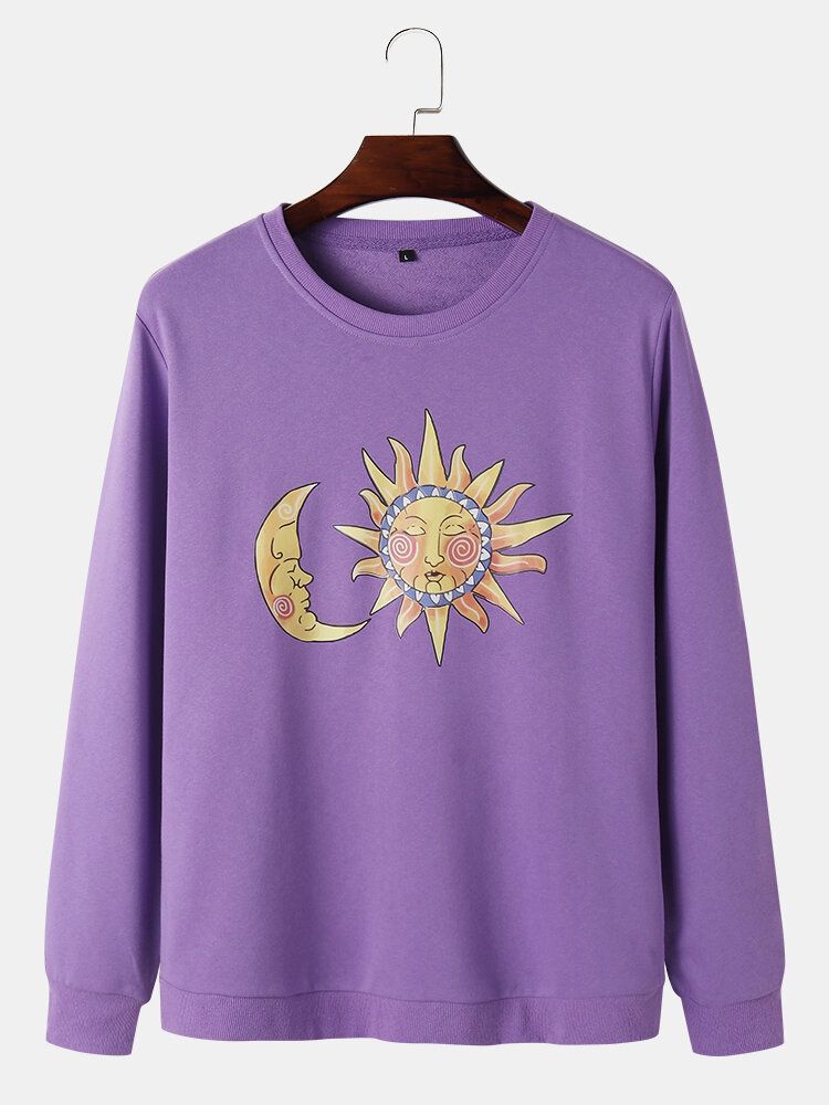 Mens Sun Moon Celestial Graphic Round Neck Pullover Cotton Sweatshirts