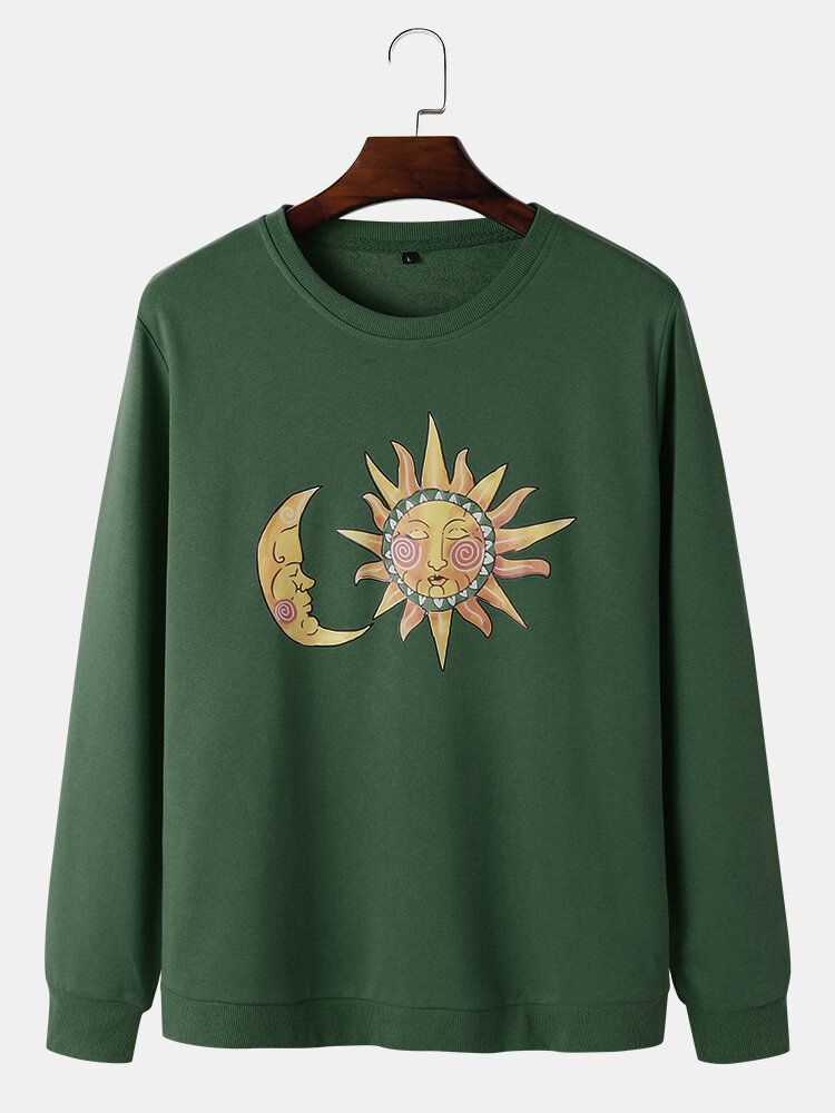 Mens Sun Moon Celestial Graphic Round Neck Pullover Cotton Sweatshirts