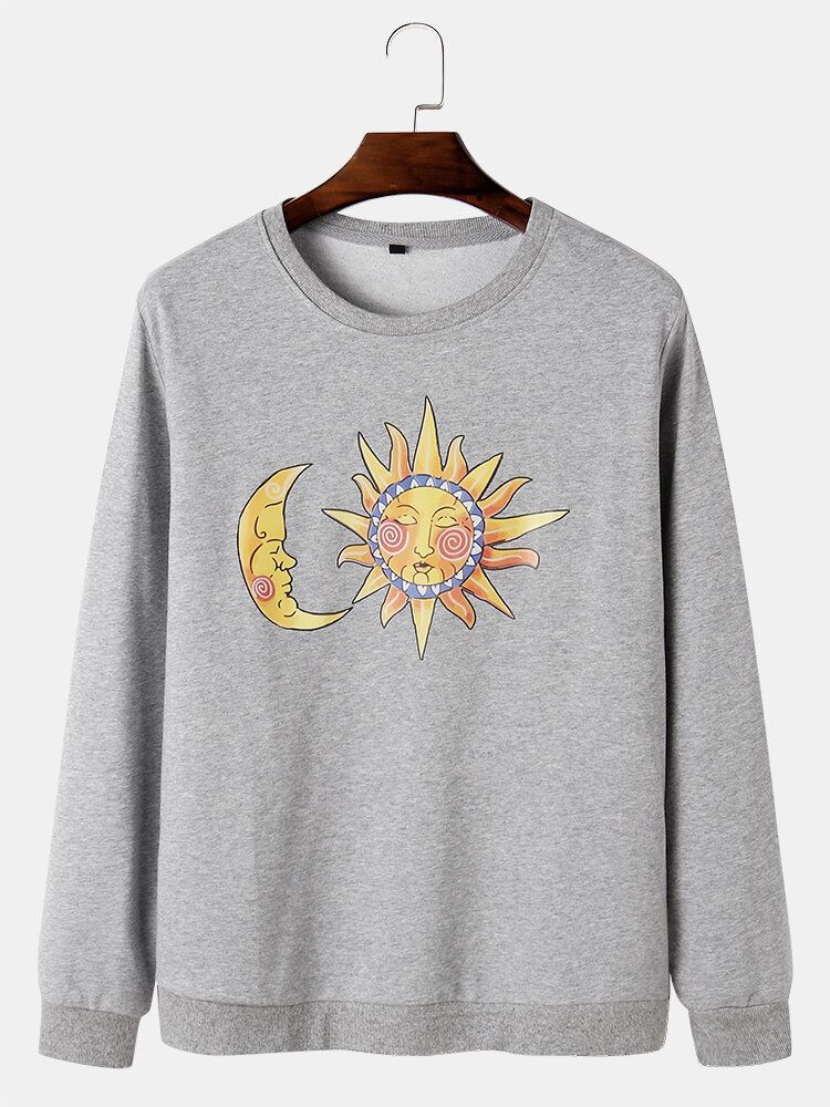 Mens Sun Moon Celestial Graphic Round Neck Pullover Cotton Sweatshirts