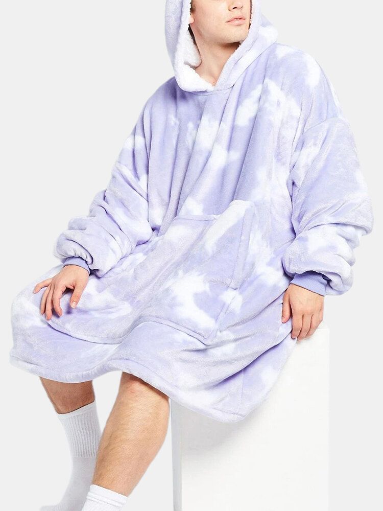 Mens Tie-dye Imprimé Polaire Doublé Épaissir Couverture Lâche À Capuche Avec Poche Kangourou