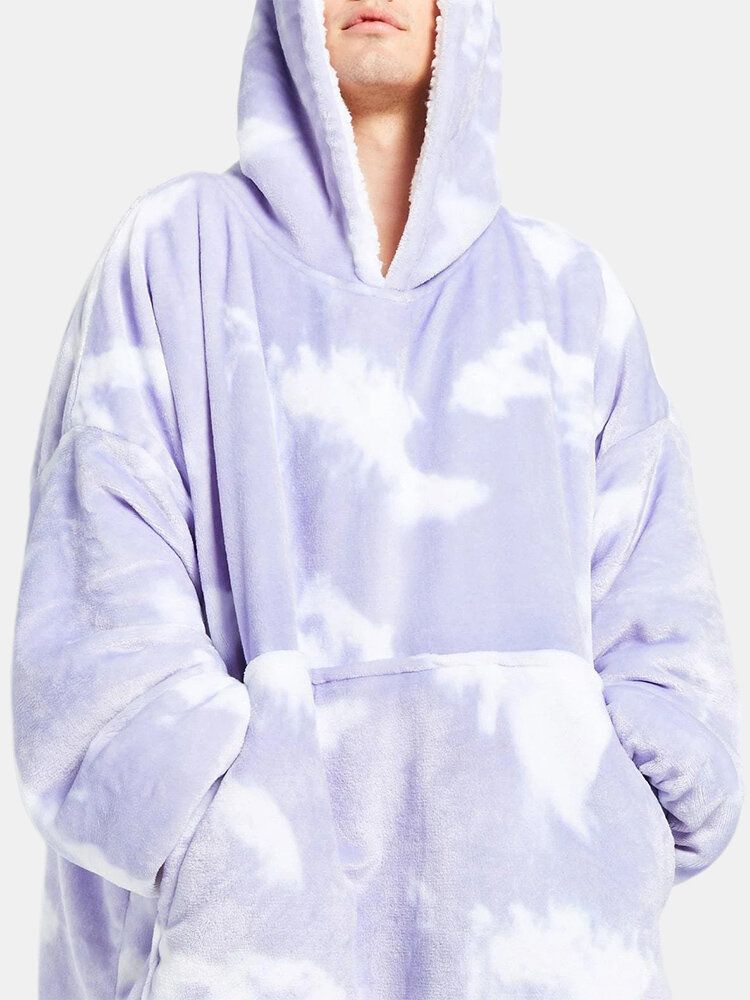 Mens Tie-dye Imprimé Polaire Doublé Épaissir Couverture Lâche À Capuche Avec Poche Kangourou