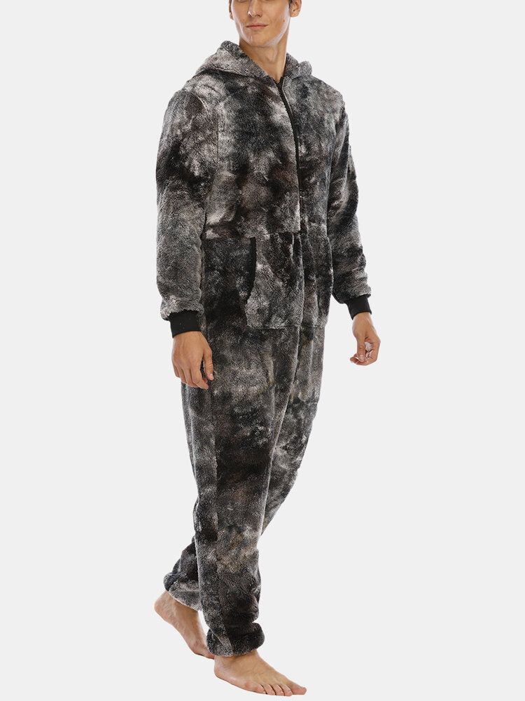 Mens Tie Dye Warm Fleece Plush Hooded Jumpsuit One Piece Home Sleepwear