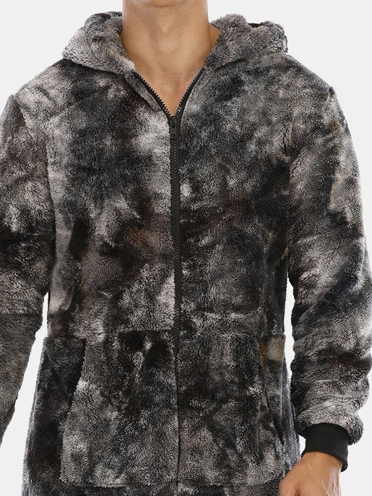 Mens Tie Dye Warm Fleece Plush Hooded Jumpsuit One Piece Home Sleepwear