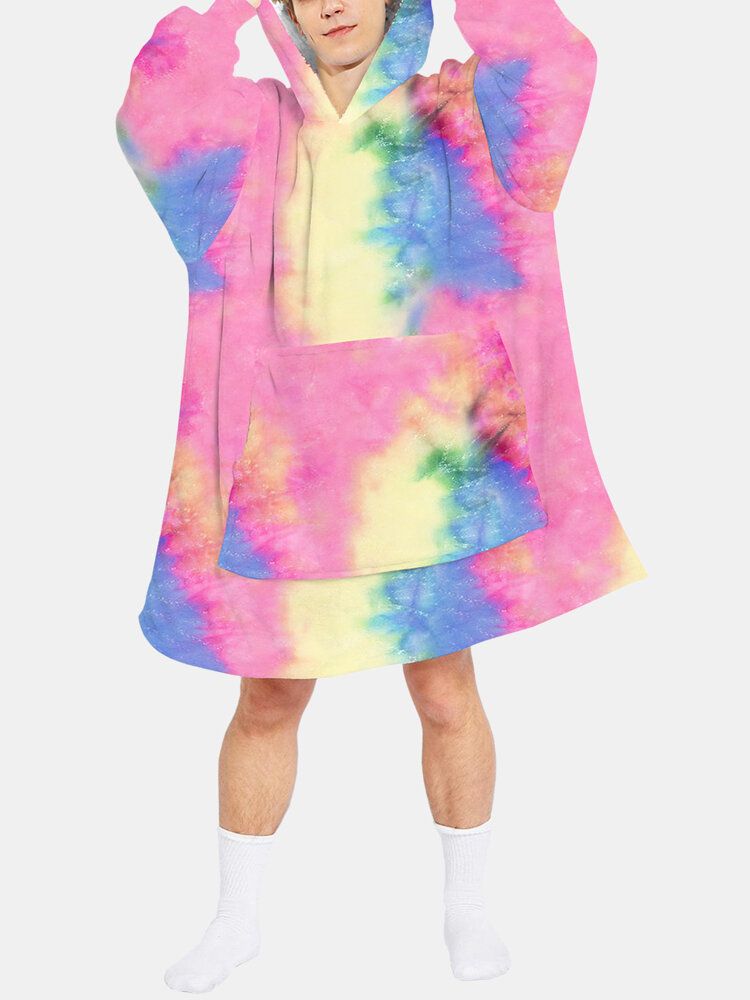 Mens Tie Dye Wearable Fleece Oversize Blanket Hoodie Loungewear Avec Poche Pratique