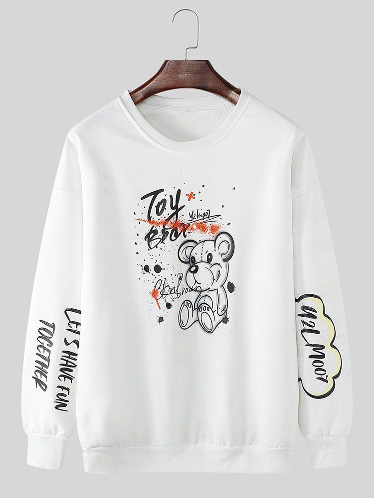 Mens Toy Bear Letter Sleeve Print Crew Neck Cotton Loose Sweatshirts