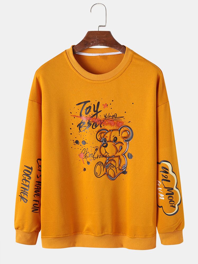 Mens Toy Bear Letter Sleeve Print Crew Neck Cotton Loose Sweatshirts