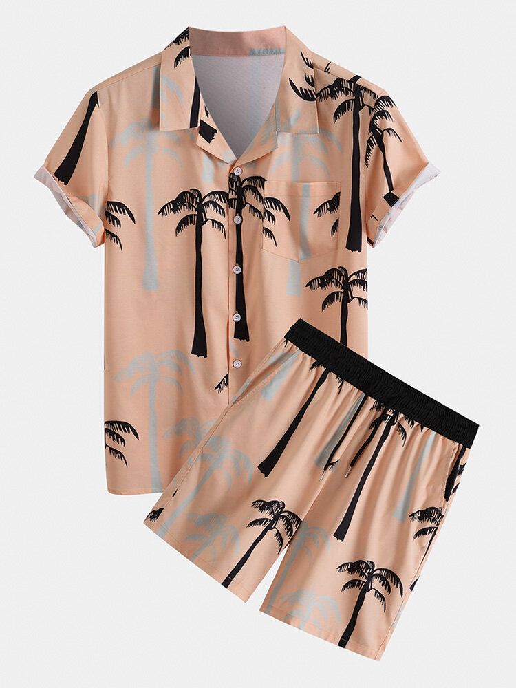 Mens Tropical Coconut Tree Print Revere Collar Holiday Two Pieces Outfits