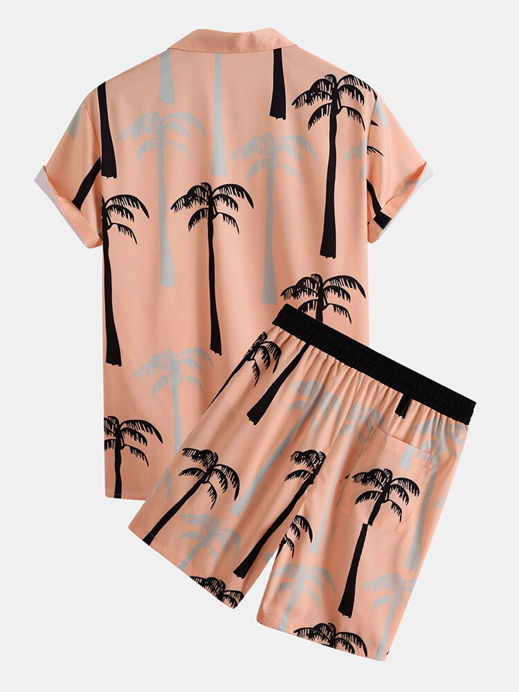 Mens Tropical Coconut Tree Print Revere Collar Holiday Two Pieces Outfits