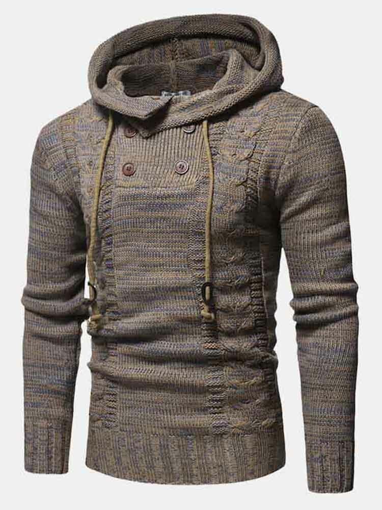 Mens Vintage Half Double Breasted Zipper Knitting Warm Hooded Sweaters