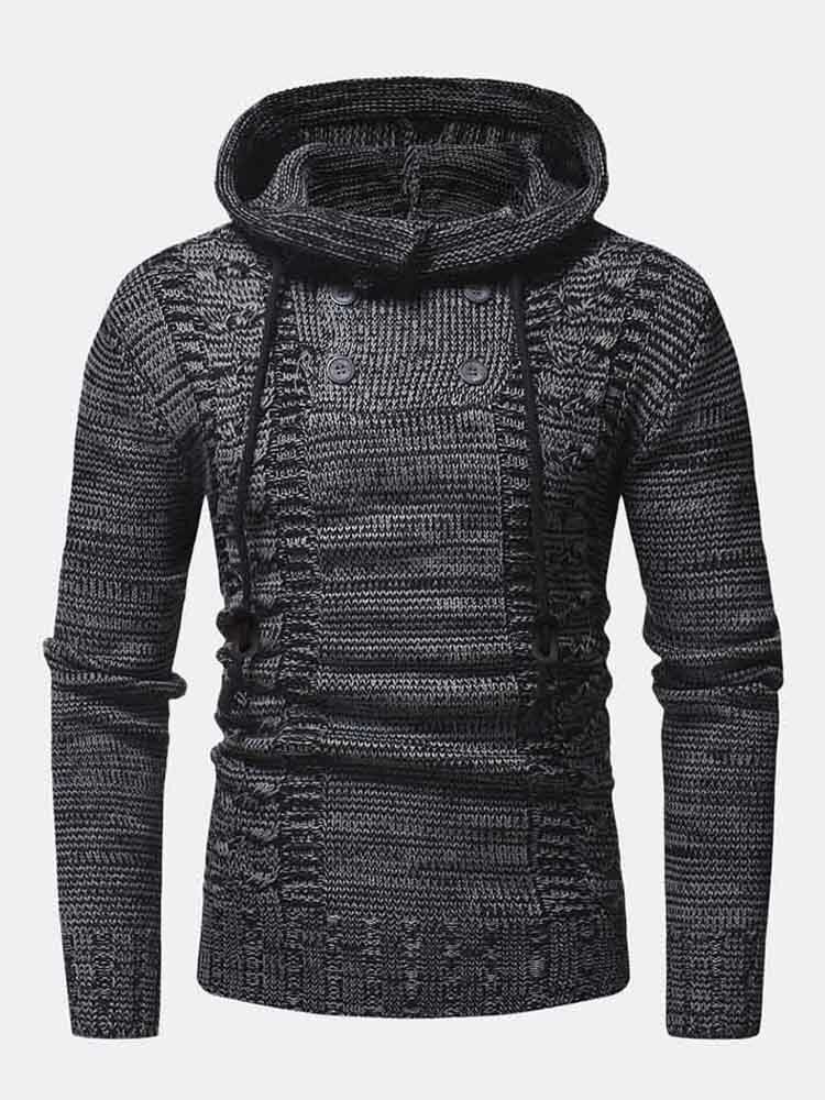 Mens Vintage Half Double Breasted Zipper Knitting Warm Hooded Sweaters