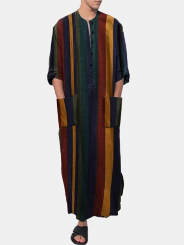 Mens Vintage Multi-color Striped Print Button Up Home Casual Robes À Manches Longues Avec Poches