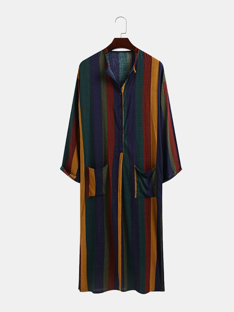 Mens Vintage Multi-color Striped Print Button Up Home Casual Robes À Manches Longues Avec Poches