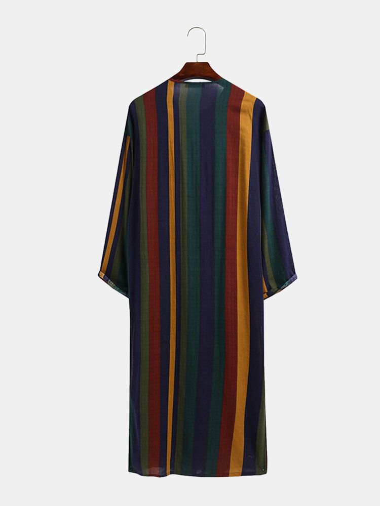 Mens Vintage Multi-color Striped Print Button Up Home Casual Robes À Manches Longues Avec Poches