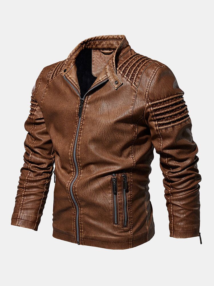 Mens Vintage Pu Windproof Zippers Stand Collar Thick Casual Jacket