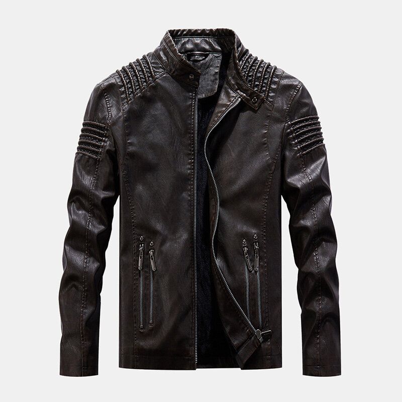 Mens Vintage Pu Windproof Zippers Stand Collar Thick Casual Jacket