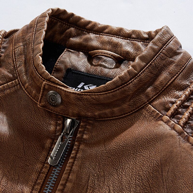 Mens Vintage Pu Windproof Zippers Stand Collar Thick Casual Jacket