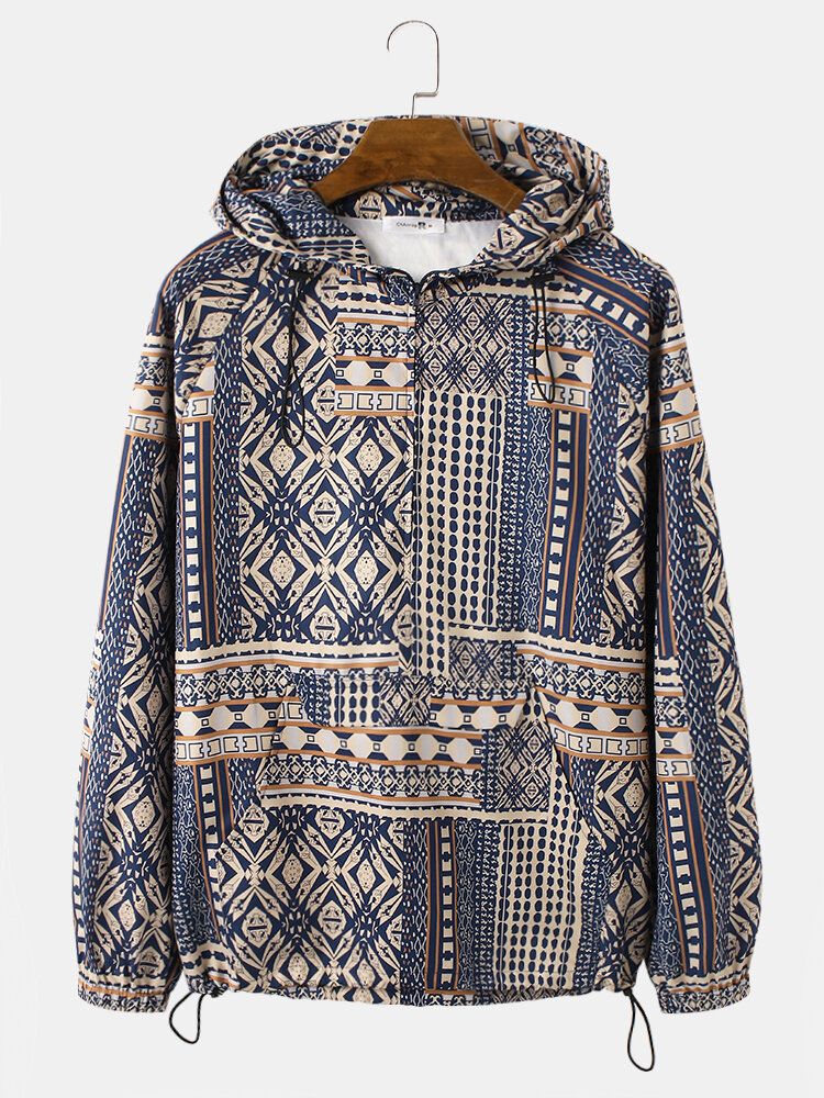 Mens Vintage Tribal Pattern Print Drawstrin Hem Pullover Hoodie Portable Windbreaker Jacket