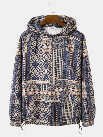 Mens Vintage Tribal Pattern Print Drawstrin Hem Pullover Hoodie Portable Windbreaker Jacket