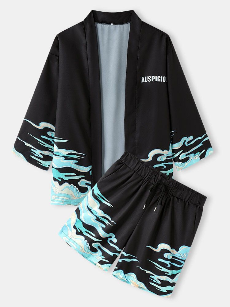 Mens Wave Letter Print Kimono Vacation Loose Two Pieces Outfits