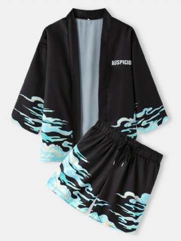 Mens Wave Letter Print Kimono Vacation Loose Two Pieces Outfits