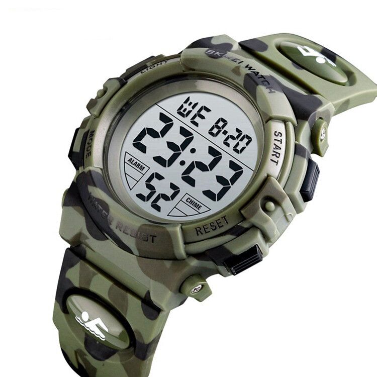 Militaire Camouflage Enfants Bracelet 12/24 Heures Mode El Affichage Lumineux Chronomètre Alarme 5atm Étanche Enfants Montre Numérique