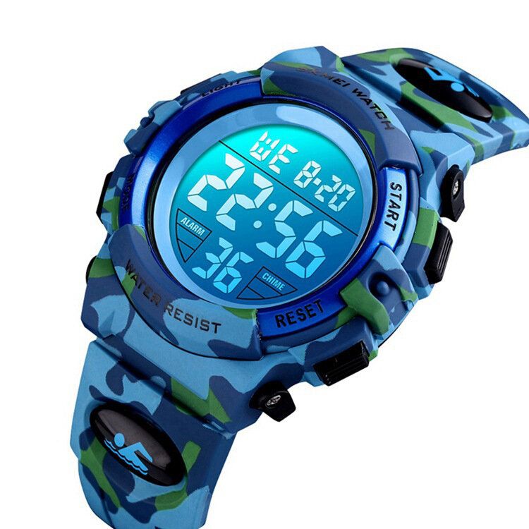 Militaire Camouflage Enfants Bracelet 12/24 Heures Mode El Affichage Lumineux Chronomètre Alarme 5atm Étanche Enfants Montre Numérique