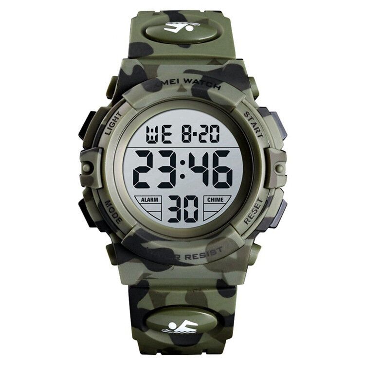 Militaire Camouflage Enfants Bracelet 12/24 Heures Mode El Affichage Lumineux Chronomètre Alarme 5atm Étanche Enfants Montre Numérique