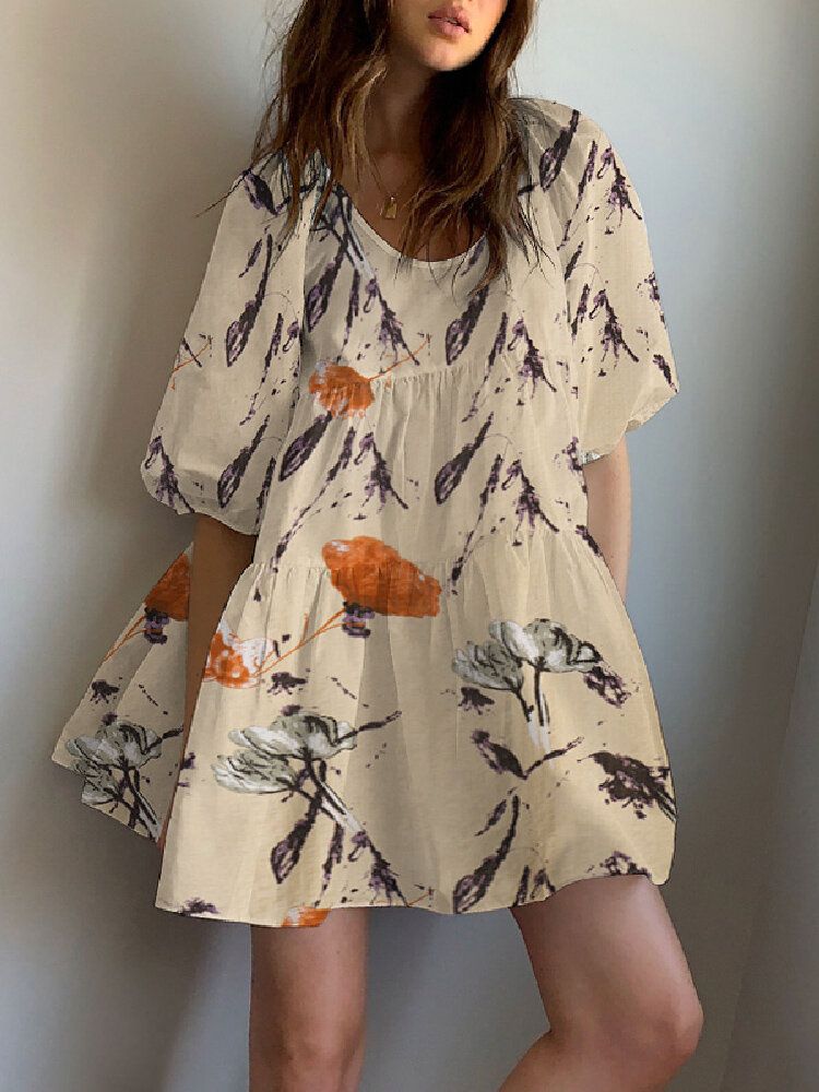 Mini-robe Décontractée À Imprimé Floral Et Col Rond À Manches Bouffantes