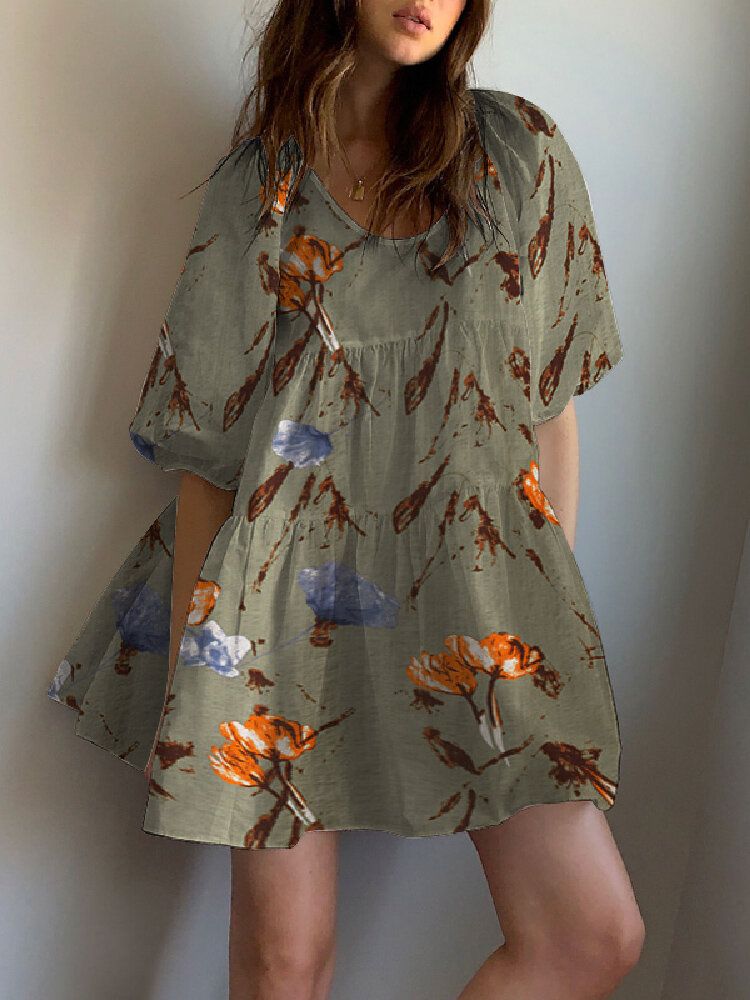 Mini-robe Décontractée À Imprimé Floral Et Col Rond À Manches Bouffantes