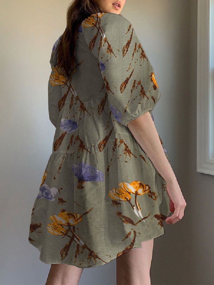 Mini-robe Décontractée À Imprimé Floral Et Col Rond À Manches Bouffantes