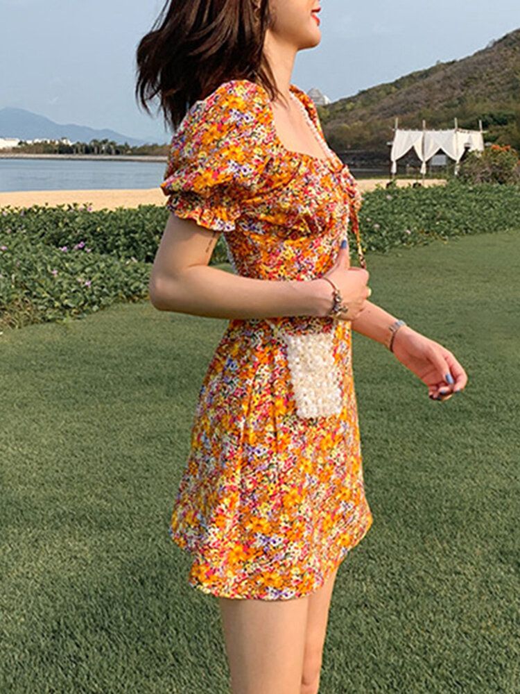 Mini-robe Plissée Florale À Manches Bouffantes Et Col Carré Pour Femmes