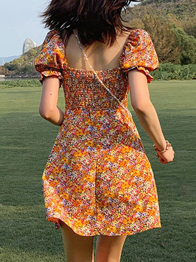 Mini-robe Plissée Florale À Manches Bouffantes Et Col Carré Pour Femmes