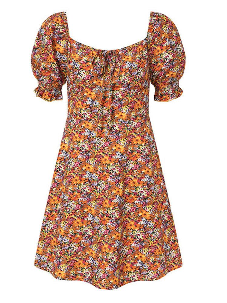 Mini-robe Plissée Florale À Manches Bouffantes Et Col Carré Pour Femmes