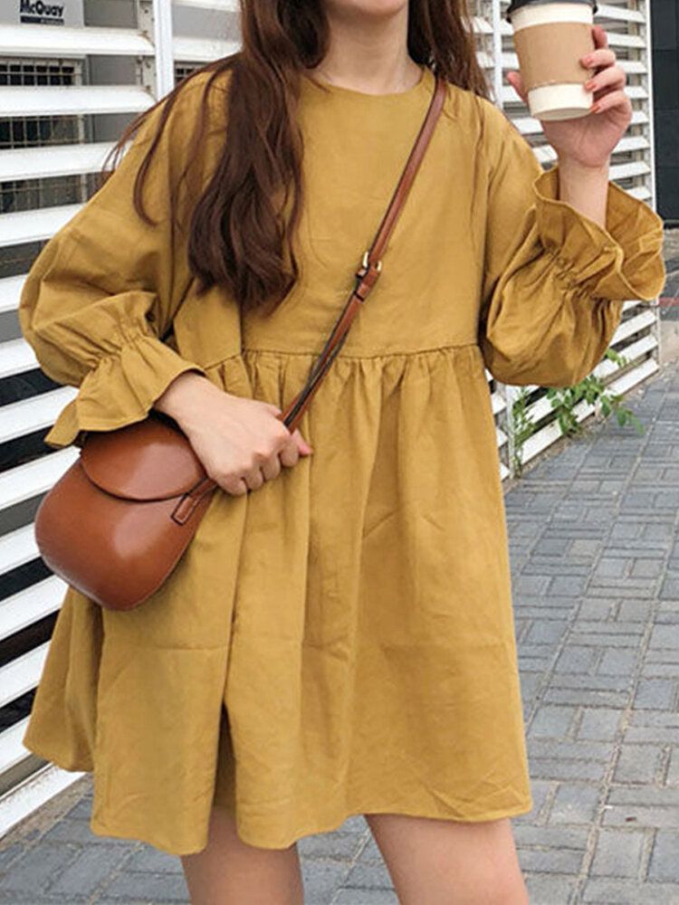 Mini-robe Plissée Jaune À Col Rond Et Manches Longues Pour Femmes