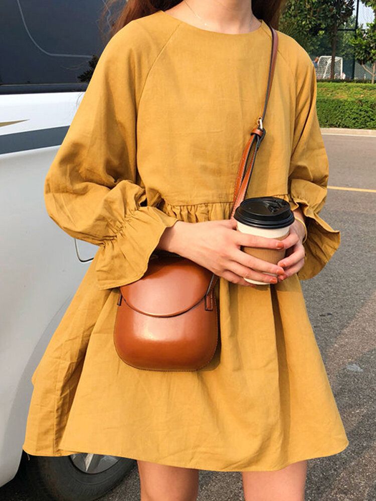 Mini-robe Plissée Jaune À Col Rond Et Manches Longues Pour Femmes