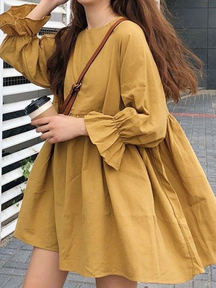 Mini-robe Plissée Jaune À Col Rond Et Manches Longues Pour Femmes