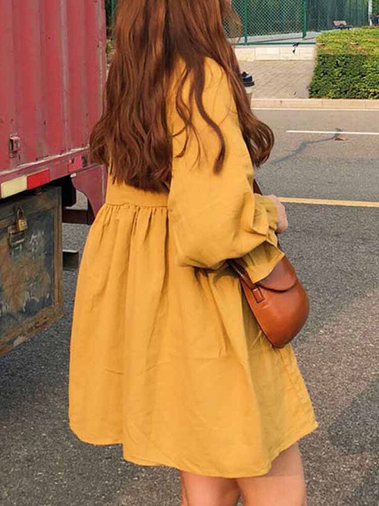 Mini-robe Plissée Jaune À Col Rond Et Manches Longues Pour Femmes