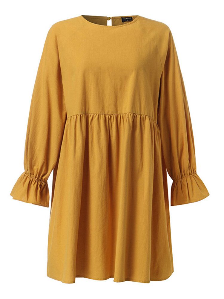 Mini-robe Plissée Jaune À Col Rond Et Manches Longues Pour Femmes