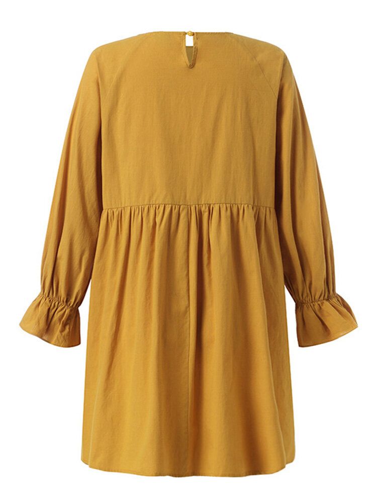 Mini-robe Plissée Jaune À Col Rond Et Manches Longues Pour Femmes