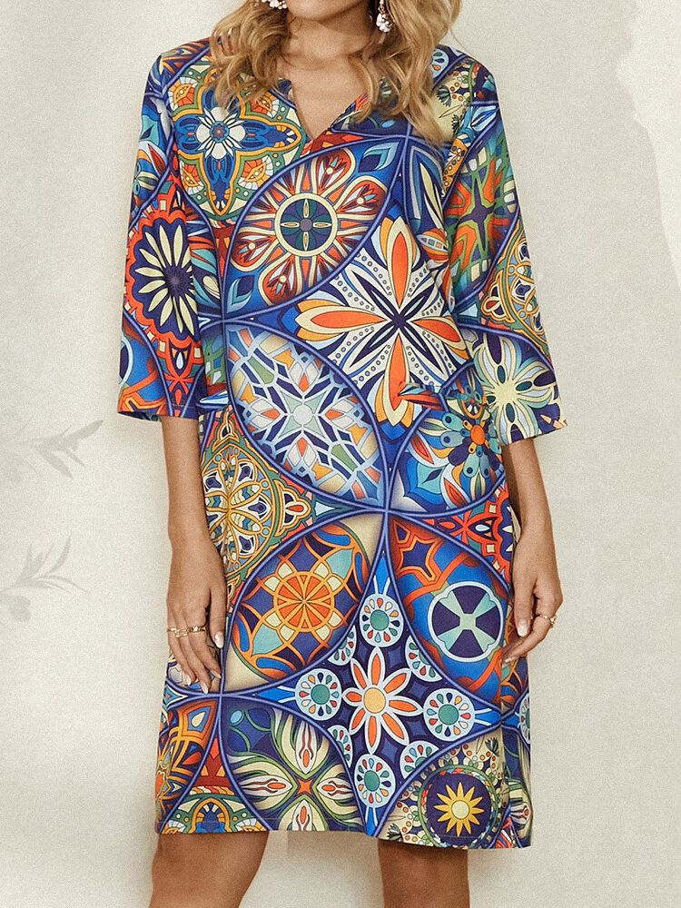 Mini Robe Vintage À Manches 3/4 Et Col En V Pour Femmes Avec Poche