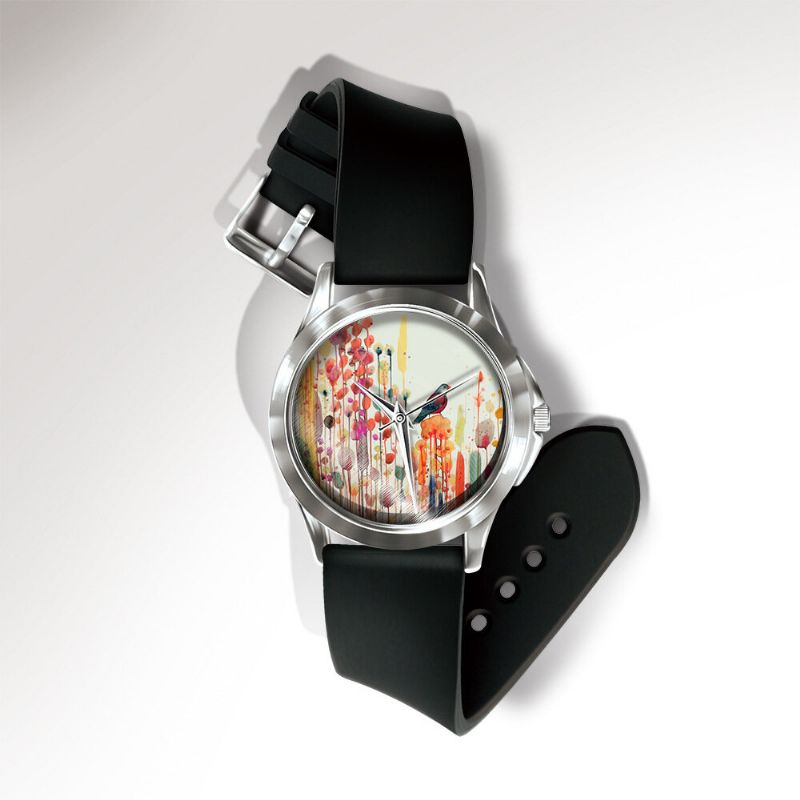 Miss Blanc Casual Aquarelle Fleur Oiseau Motif Cadran Pvc Bande Femmes Montre À Quartz Montre-bracelet