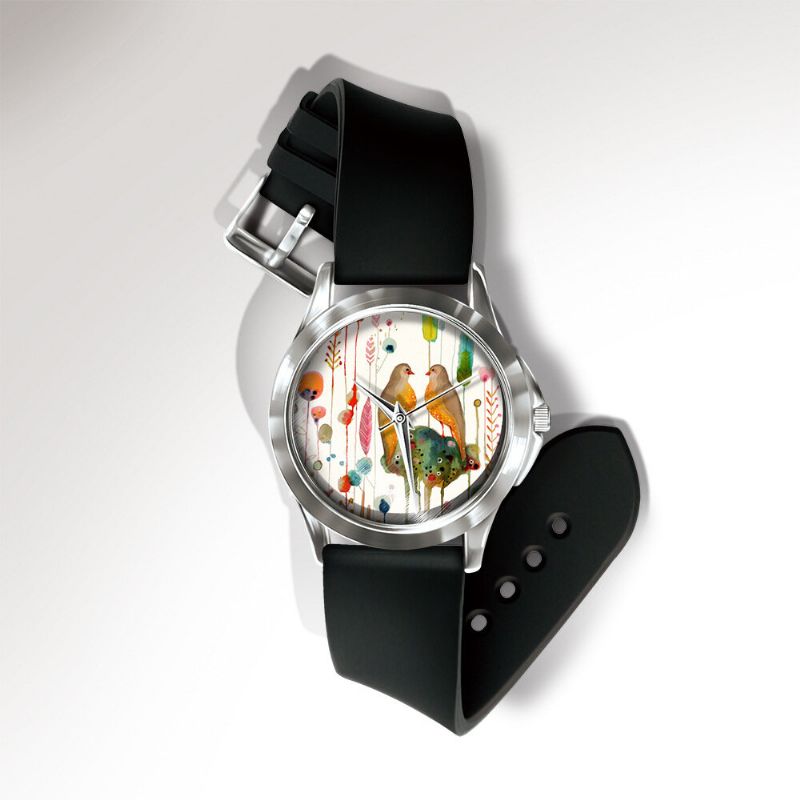 Miss Blanc Casual Aquarelle Fleur Oiseau Motif Cadran Pvc Bande Femmes Montre À Quartz Montre-bracelet